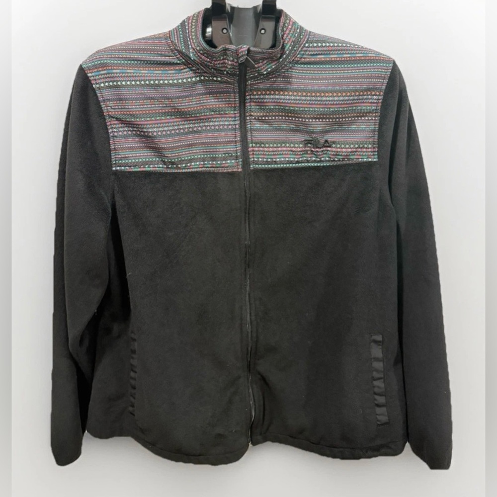 Fila Sport Fleece Jacket Women's XL Black Full Zip Aztec Pattern Velvet Mock
